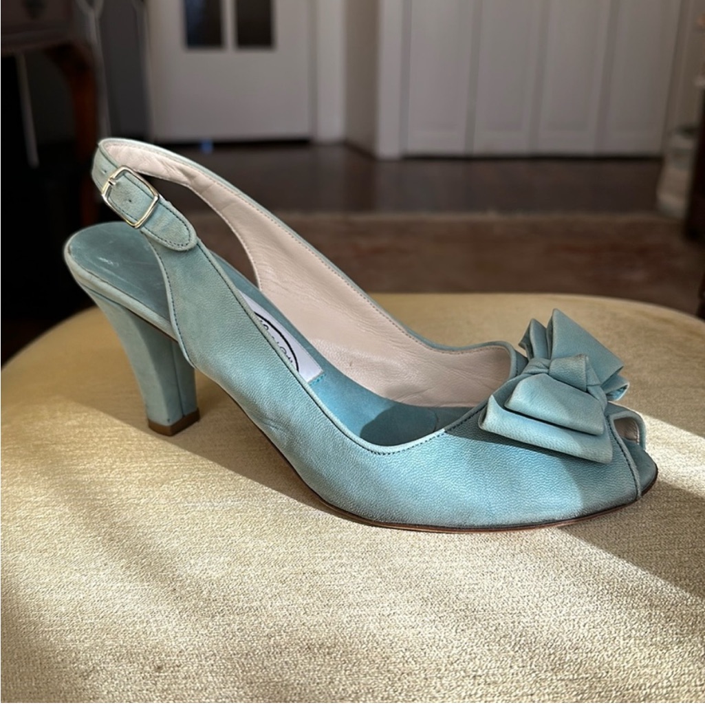 Emma Hope Seafoam Green Leather Slingback Peep-Toe Pumps With Bow